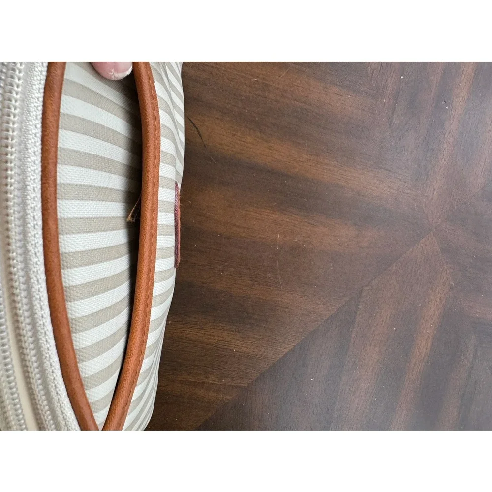 Vintage Tan White Striped Cosmetic Bag Toiletry Pouch Leather Logo‎ Patch